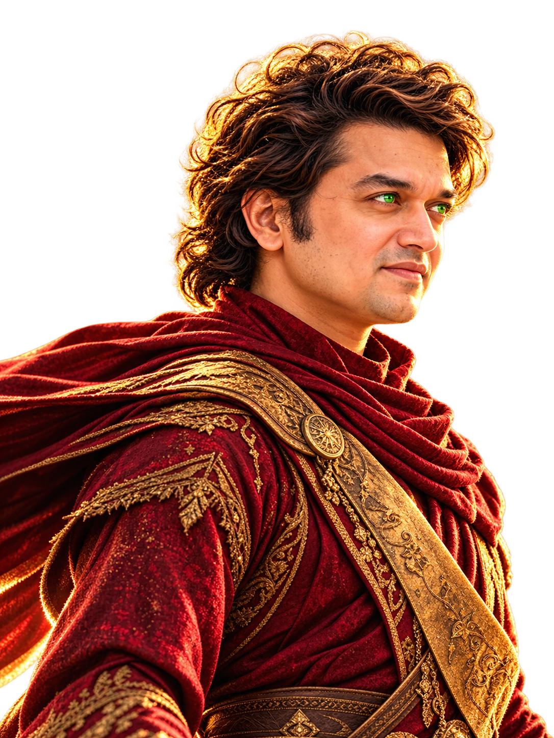 Side-view portrait of Arif Arman Apu with green eyes and a red and gold costume